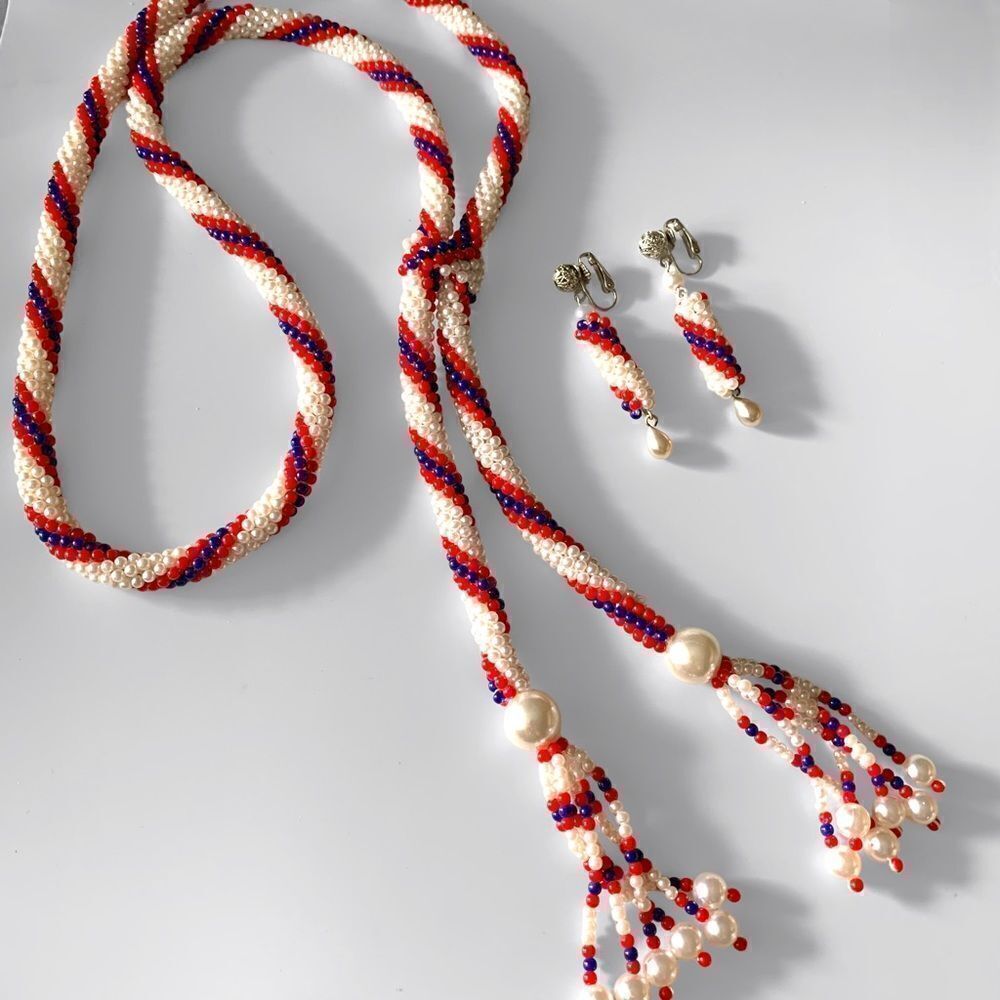 Vintage Red White & Blue Beaded Tope Tassel Necklace & Earrings Set
